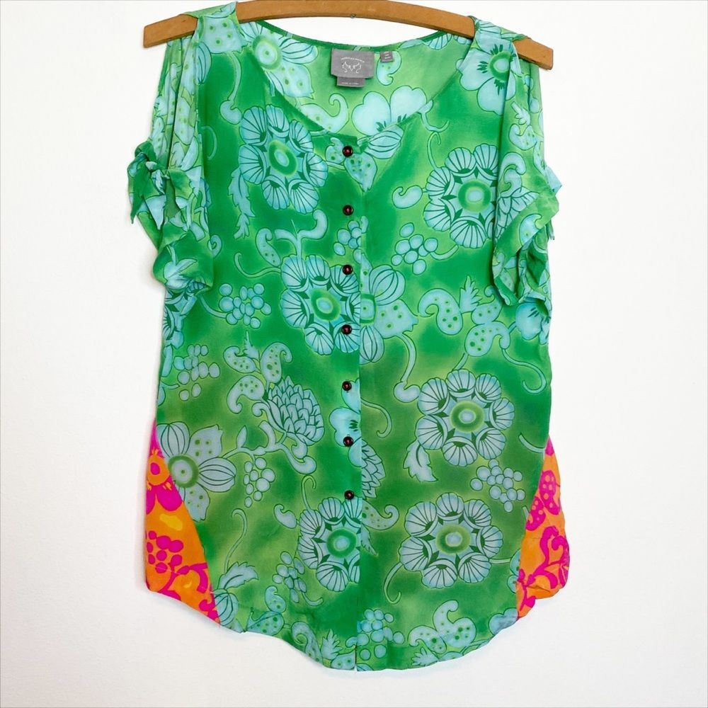 Anthropologie Vanessa Virginia Silk Funky Floral Cold Shoulder Blouse Size 0